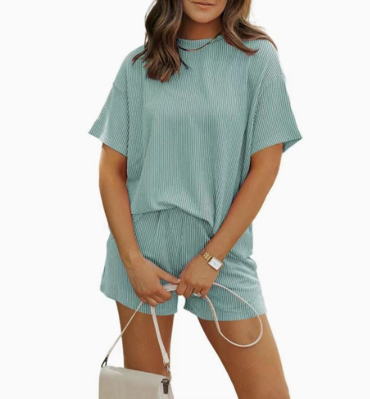 Tankaneo Womens Short Sets 2 Piece Outfits  Sleeve Tops and Elastic Waist Shorts Lounge Set Casual Loungewear
